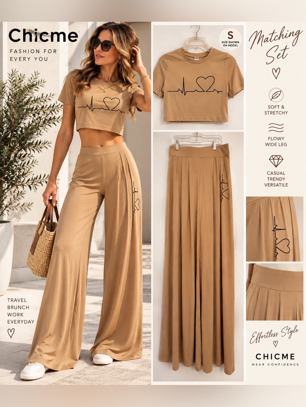 chicme  Tan Wide-Leg Lounge Pants with Heartbeat Graphic